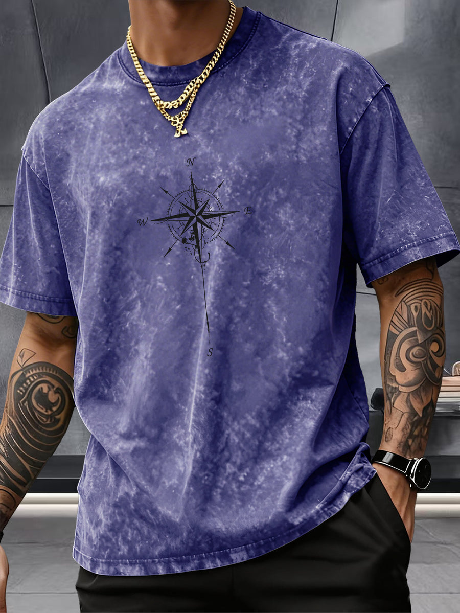 Men's Washed Distressed Pure Cotton Loose Fit Drop Shoulder T-Shirt with Vintage Compass and Anchor Line Graphic Print on Front and Back, Versatile American Streetwear High Street Hip-Hop Style, Couple's Matching Outfit for Streetwear, Daily Outings - Royal Blue