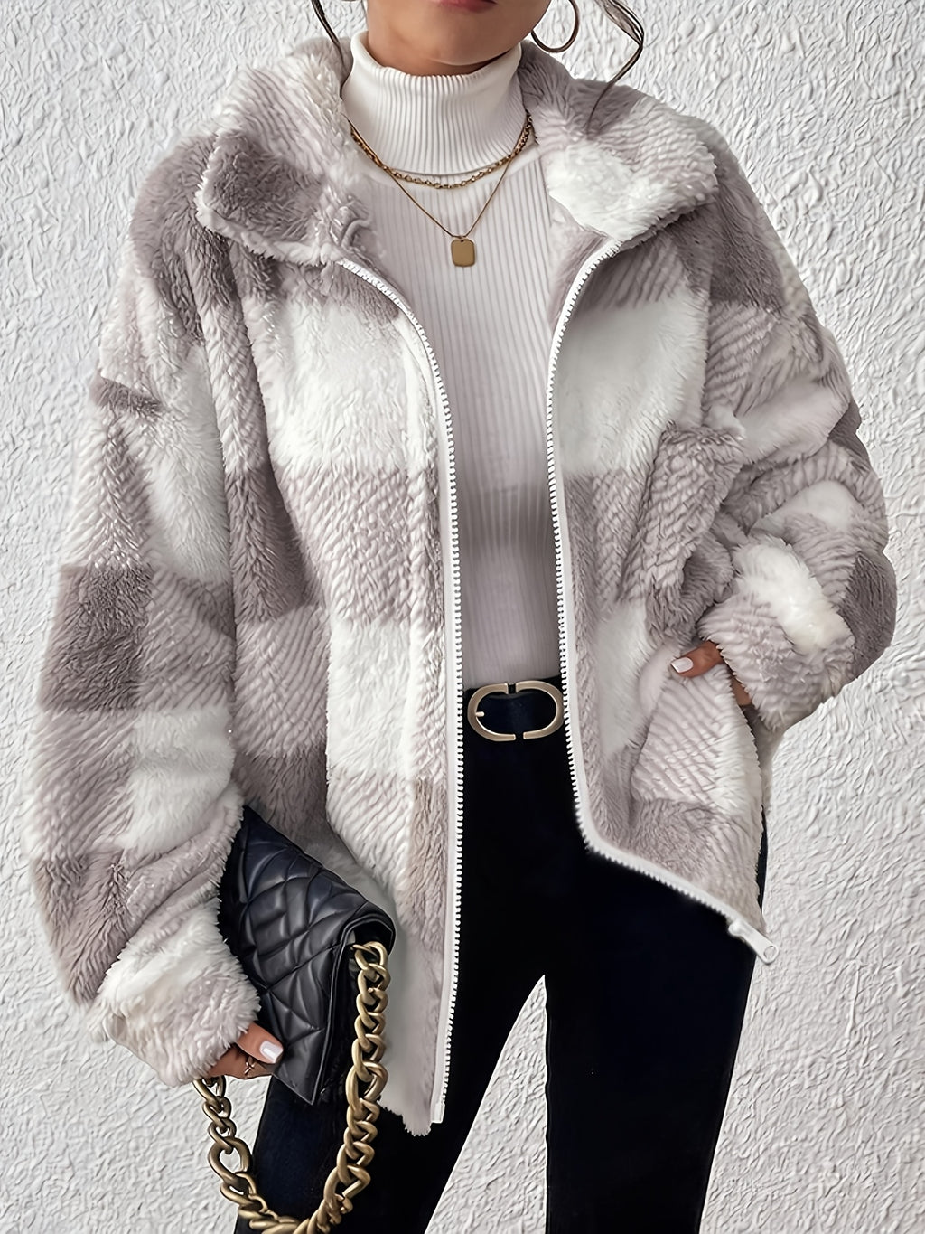Women's Plush Faux Teddy Jacket - Elegant Collar Plaid Coat with Pockets, Gray & White Contrast Suitable for Fall/Winter, Warm Blazer for Casual Outerwear, Machine Washable Teddy Coat - Beige Gray