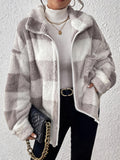 Women's Plush Faux Teddy Jacket - Elegant Collar Plaid Coat with Pockets, Gray & White Contrast Suitable for Fall/Winter, Warm Blazer for Casual Outerwear, Machine Washable Teddy Coat - Beige Gray