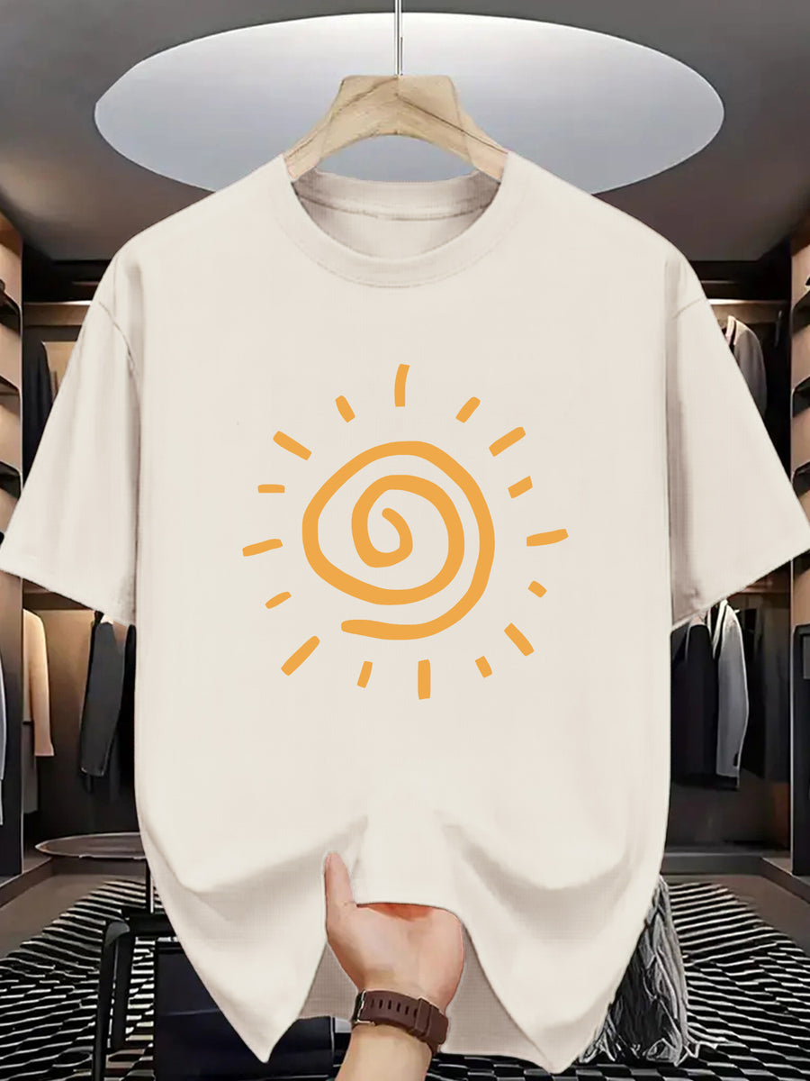 Sunny Energetic Orange Spiral Pattern Short Sleeve T-Shirt, Fresh And Fashionable, Suitable for Outdoor Activities And Daily Wear - Apricot