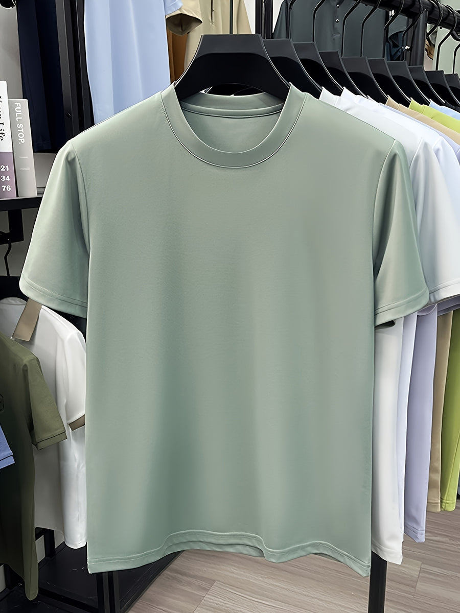 NERPOLO Men's Solid Color Short Sleeve T-Shirt - Round Neck Casual Summer Tee with Suitable for Middle-Aged, Regular Fit Breathable Shirt, Hand Washable Solid Color Round Neck Half-Sleeve Blouse for Casual Attire (No Transparency) - Bean Green