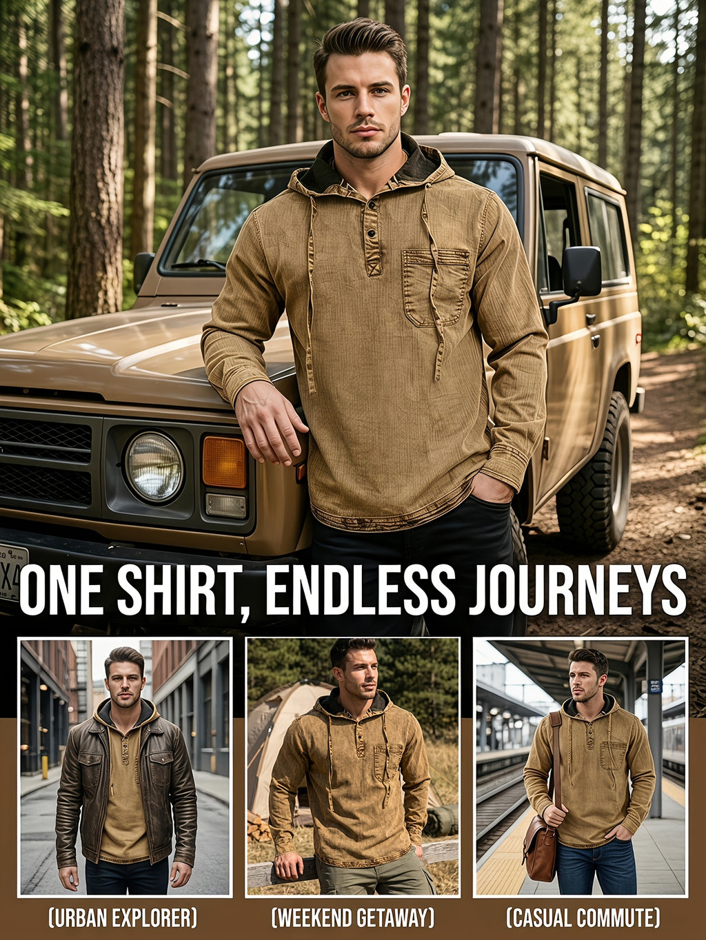 Men'S New Spring And Autumn Henley Collar Denim Shirt, Vintage Washed And Faded Blue Long Sleeve Top, Half-Placket 3-Button Design, Casual Shirt with Side Single Pocket, Versatile for Daily Commute, Wearable As Inner Or Outer Layer - Sepia