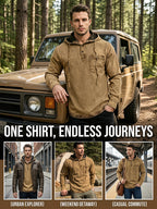 Men'S New Spring And Autumn Henley Collar Denim Shirt, Vintage Washed And Faded Blue Long Sleeve Top, Half-Placket 3-Button Design, Casual Shirt with Side Single Pocket, Versatile for Daily Commute, Wearable As Inner Or Outer Layer - Sepia