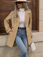 Elegant Women's Fashion Tweed Coat, Stylish Waist-Cinching Mid-Length Solid Color New Autumn/Winter Overcoat - Khaki