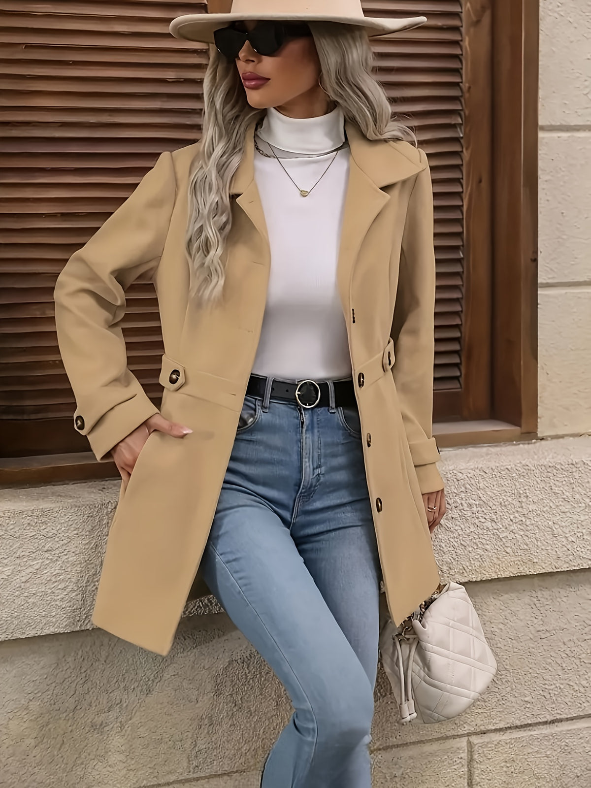 Elegant Women's Fashion Tweed Coat, Stylish Waist-Cinching Mid-Length Solid Color New Autumn/Winter Overcoat - Khaki