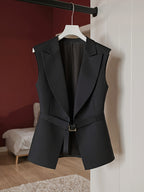 Elegant Women's Sleeveless Blazer - Stylish Solid Color Lapel Golden Double Pocket Vest, Versatile Spring/Summer/Autumn Fashion Jacket, Machine Washable Polyester Fabric, High-End Chic Style, Luxurious Appearance - Black