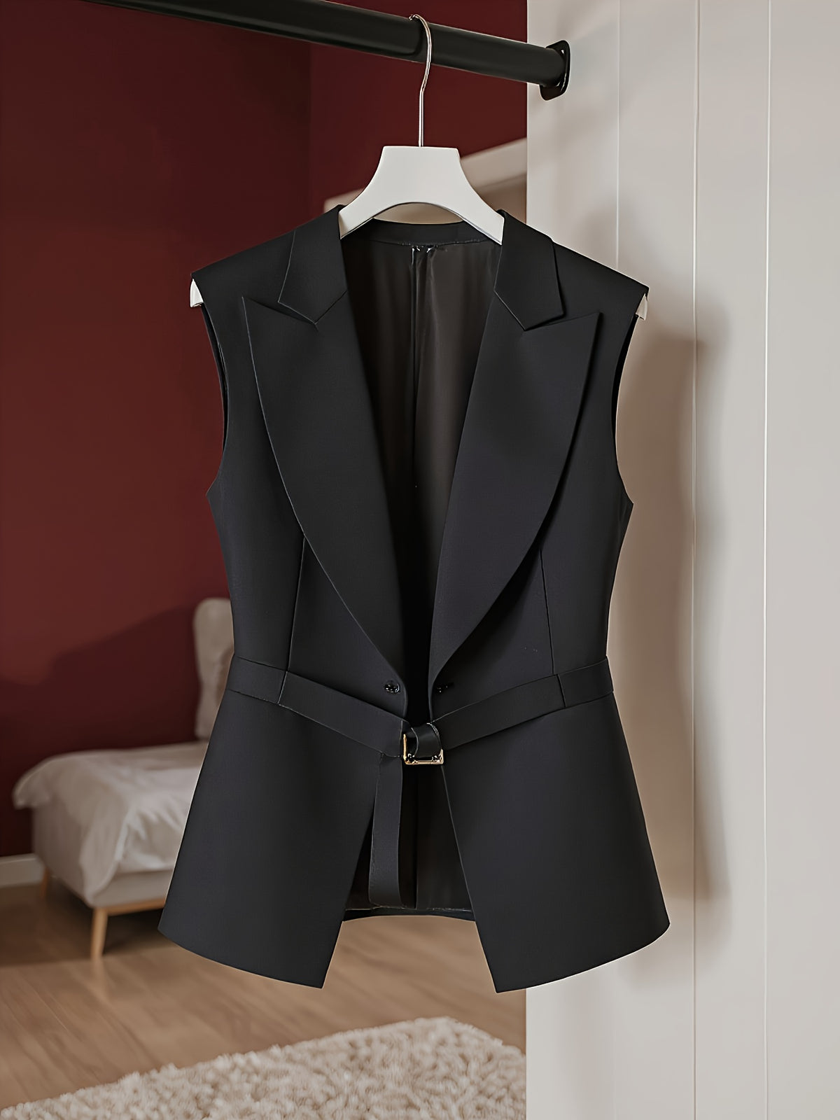Elegant Women's Sleeveless Blazer - Stylish Solid Color Lapel Golden Double Pocket Vest, Versatile Spring/Summer/Autumn Fashion Jacket, Machine Washable Polyester Fabric, High-End Chic Style, Luxurious Appearance - Black
