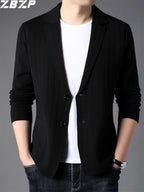 ZBZP Men's Knitted Cardigan, Spring/Autumn Men's Coat, Korean Style Trendy Solid Color Knit Sweater, Blazer Style Sweater, Chaoyang - Black