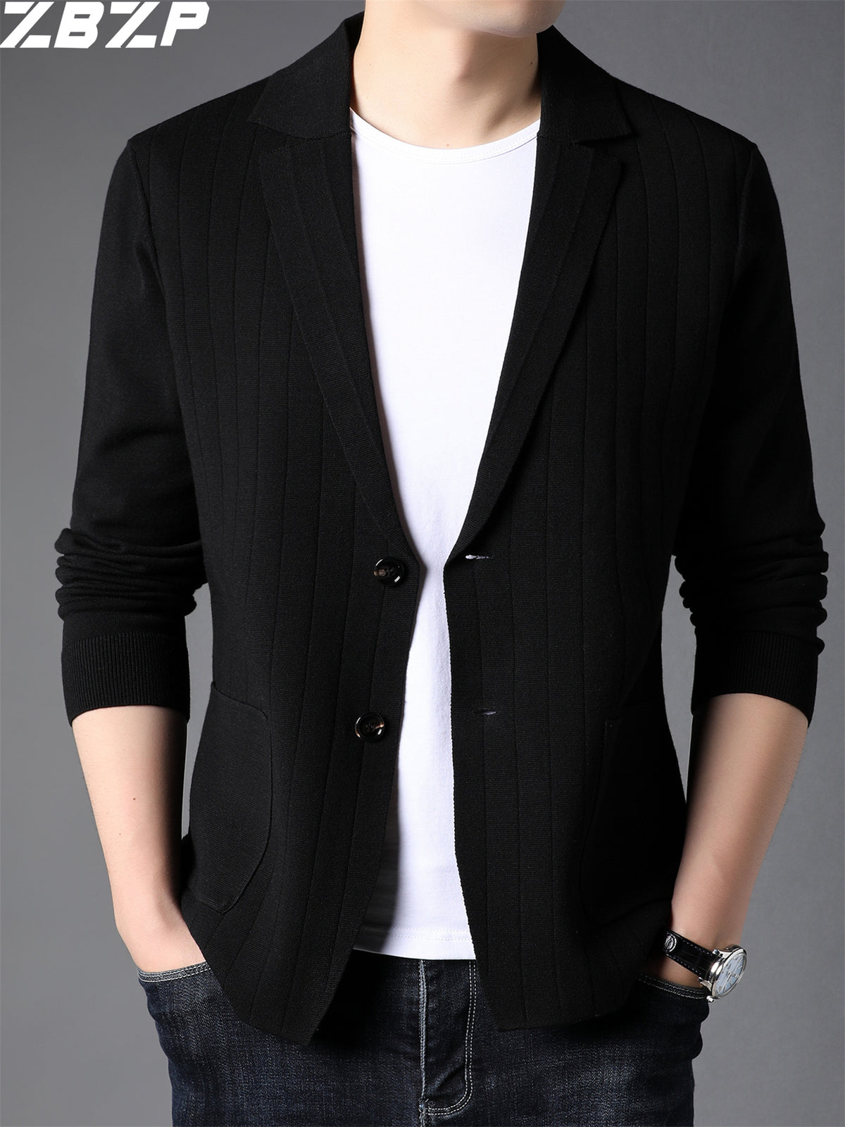 ZBZP Men's Knitted Cardigan, Spring/Autumn Men's Coat, Korean Style Trendy Solid Color Knit Sweater, Blazer Style Sweater, Chaoyang - Black