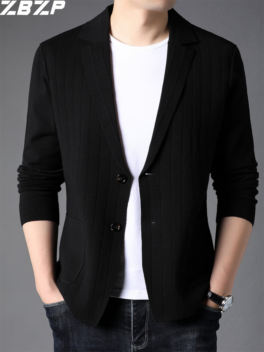 ZBZP Men's Knitted Cardigan, Spring/Autumn Men's Coat, Korean Style Trendy Solid Color Knit Sweater, Blazer Style Sweater, Chaoyang - Black