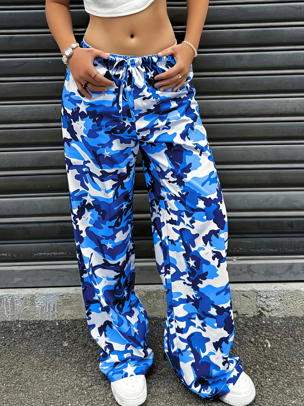 YY0720291 Women'S Casual Camo Print Drawstring Wide-Leg Pants - Blue