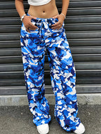 YY0720291 Women'S Casual Camo Print Drawstring Wide-Leg Pants - Blue