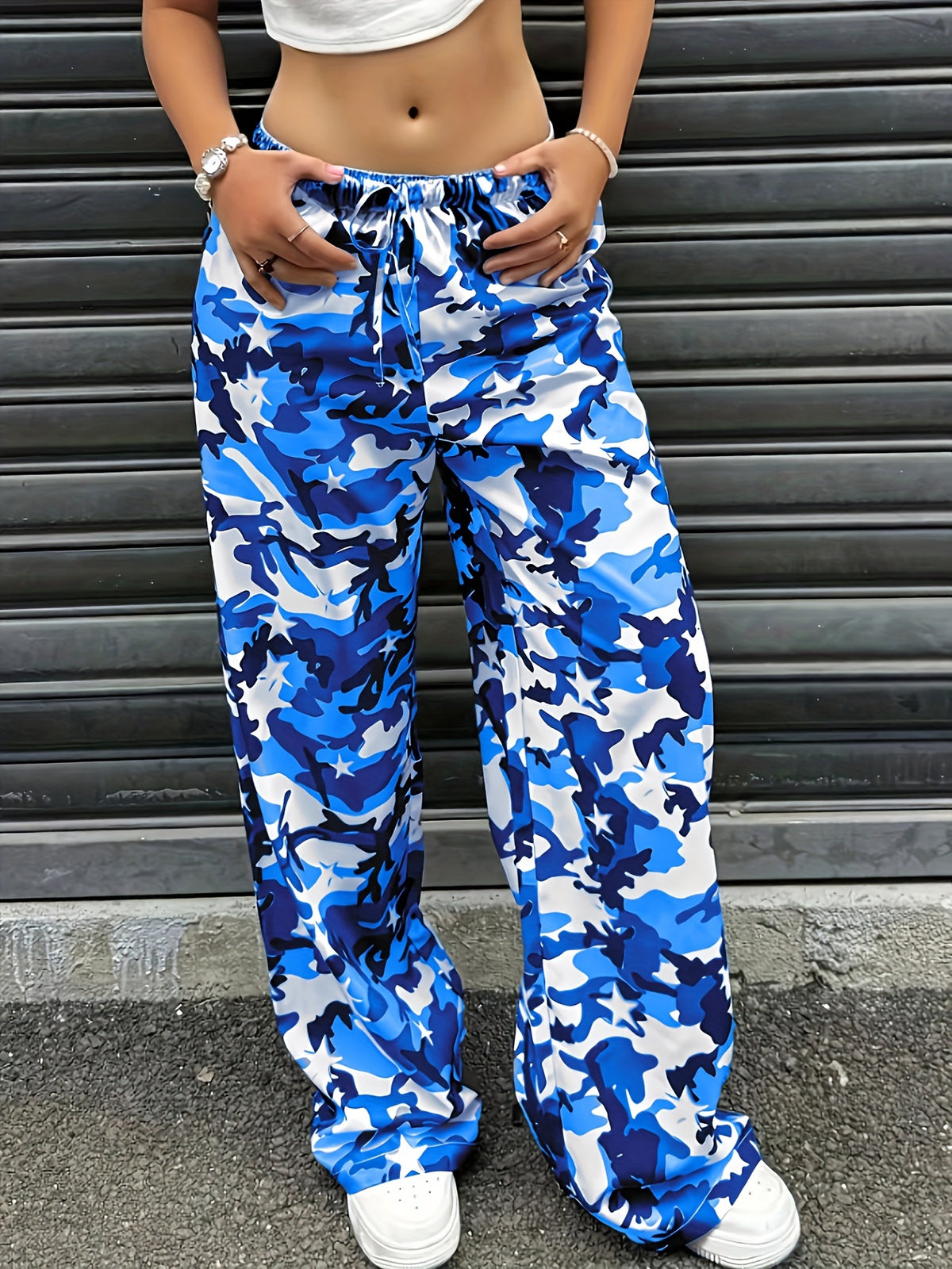 YY0720291 Women'S Casual Camo Print Drawstring Wide-Leg Pants - Blue