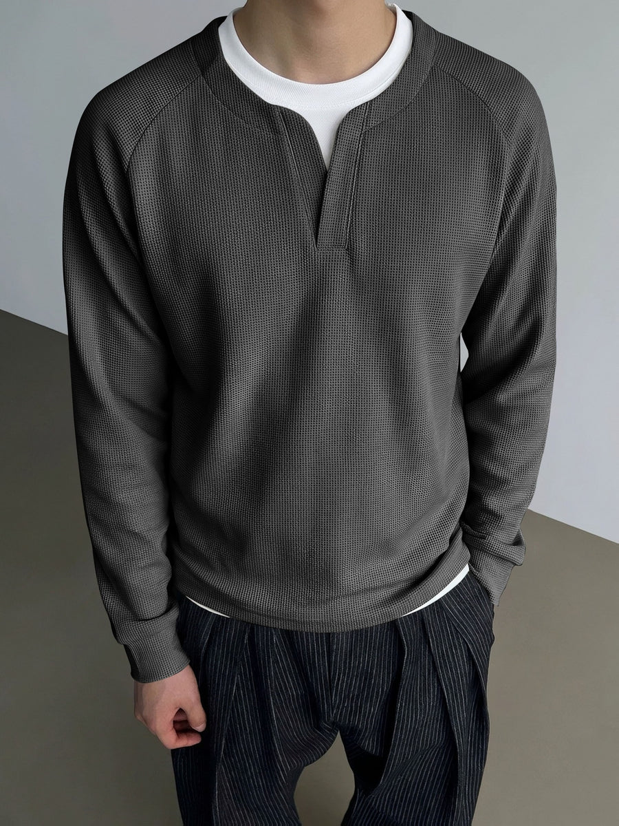 Men's Minimalist Korean Henley Collar Long Sleeve Top Waffle Knit Breathable Raglan Sleeve Casual Sweatshirt for Spring Autumn Daily Commute Layering Wear - Grey