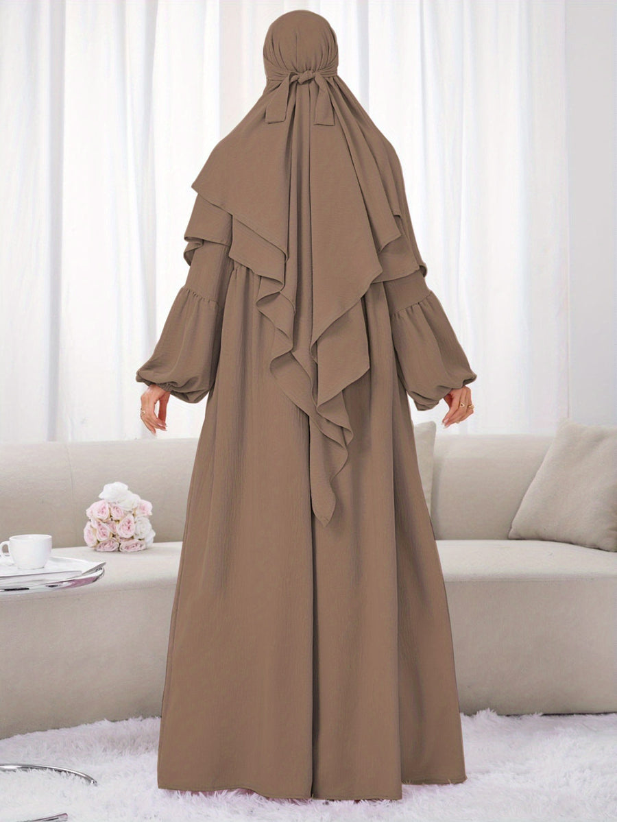 A Set (+Abaya) Fashionable And Elegant Muslim Dress, Elegant Cuff Drawstring, Comfortable And Casual Solid Color, Suitable for Outdoor Travel And Daily Wear. Loose Women'S Abaya Dress - Khaki