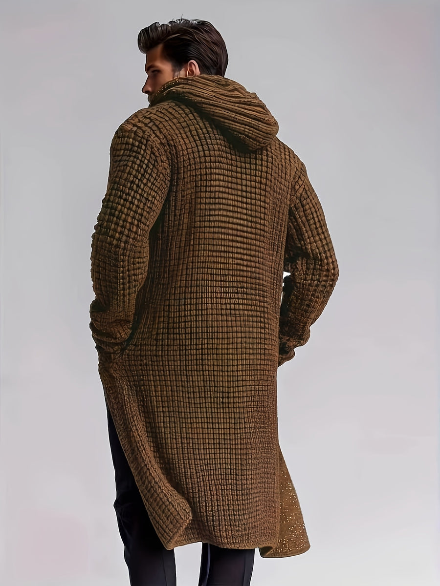 Men's Casual Sport Sweater, Knit Cardigan, Long Hooded Knit Cardigan. The Hooded Design Adds a Casual and Effortless Style, While the Long Length Flatters the Figure. This Simple yet Stylish Piece Is Perfect for Autumn and Winter, Offering Warmth - Reddish Brown
