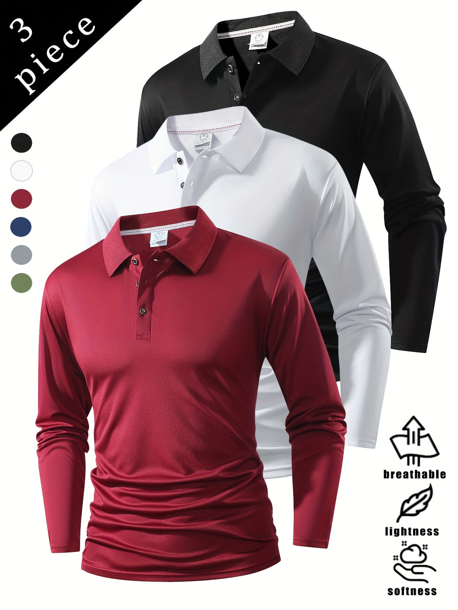 Spring And Autumn Explosive Value Three-Piece POLO Collar Long-Sleeved Top for Men, Stylish, Easy And Versatile, Solid Color Design, Multi-Color Optional Sports And Casual, Soft And Comfortable, Jumper, 220G/Square Meter Fabric Weight - Black White Red