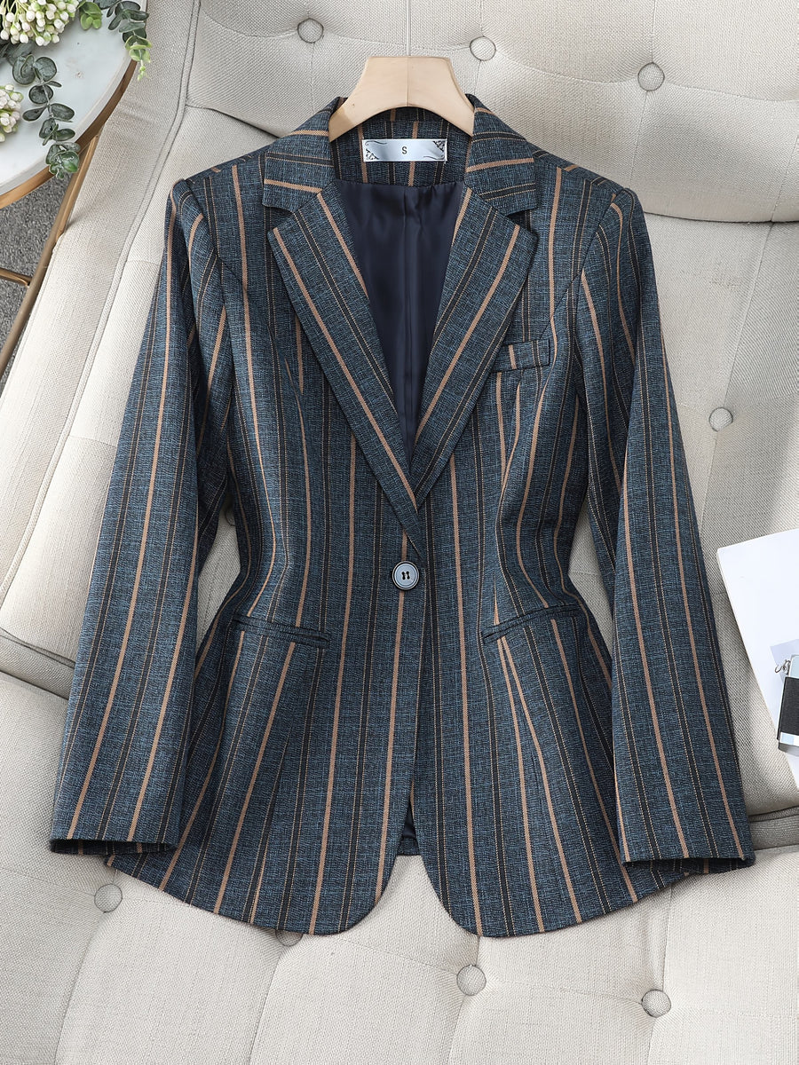 Elegant 2025 Blue Striped Suit Jacket, Noble and High-end Small Suit for Women, New Suit with Striped Contrasting Color - Sea Blue