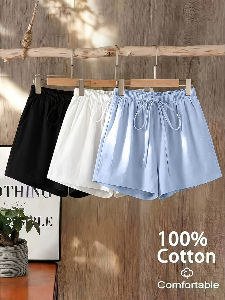 3pcs Set of Pure, Western Easy Style Solid Color Shorts for Women, Summer Thin High-Waist Elastic Waist Wide-Leg Flat-Seam Pants, Fashionable Versatile Trousers - Off-white + Black + Blue
