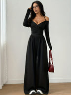 Women's Casual Solid Color Long Sleeve Halter Neck Off-Shoulder Wide Leg Jumpsuit - Black