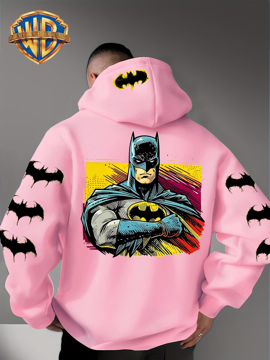 Men'S Hooded Sweatshirt, Batman Classic Image Print, Large Heroic Pattern on Back, Multiple Bat Logos on Sleeves, Exclusive Bat Emblem on Back of Hood, Trendy Street Style Design, Rich Details with Strong Visual Impact - Pink Color