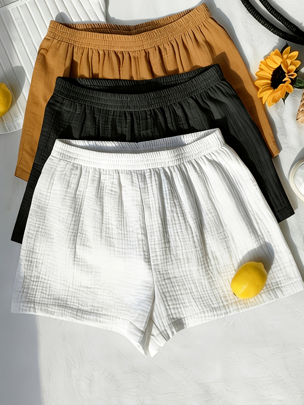 Women's Solid Color Loose-Fit Home Shorts, Lightweight Breathable Fabric, Elastic High-Waist Casual Pants, Versatile for Sleepwear, Loungewear, or Outerwear, Available in Three Colors, Soft and Comfortable for Home Wear, Women's Wide-Leg Shorts 3pcs - Mixed colors