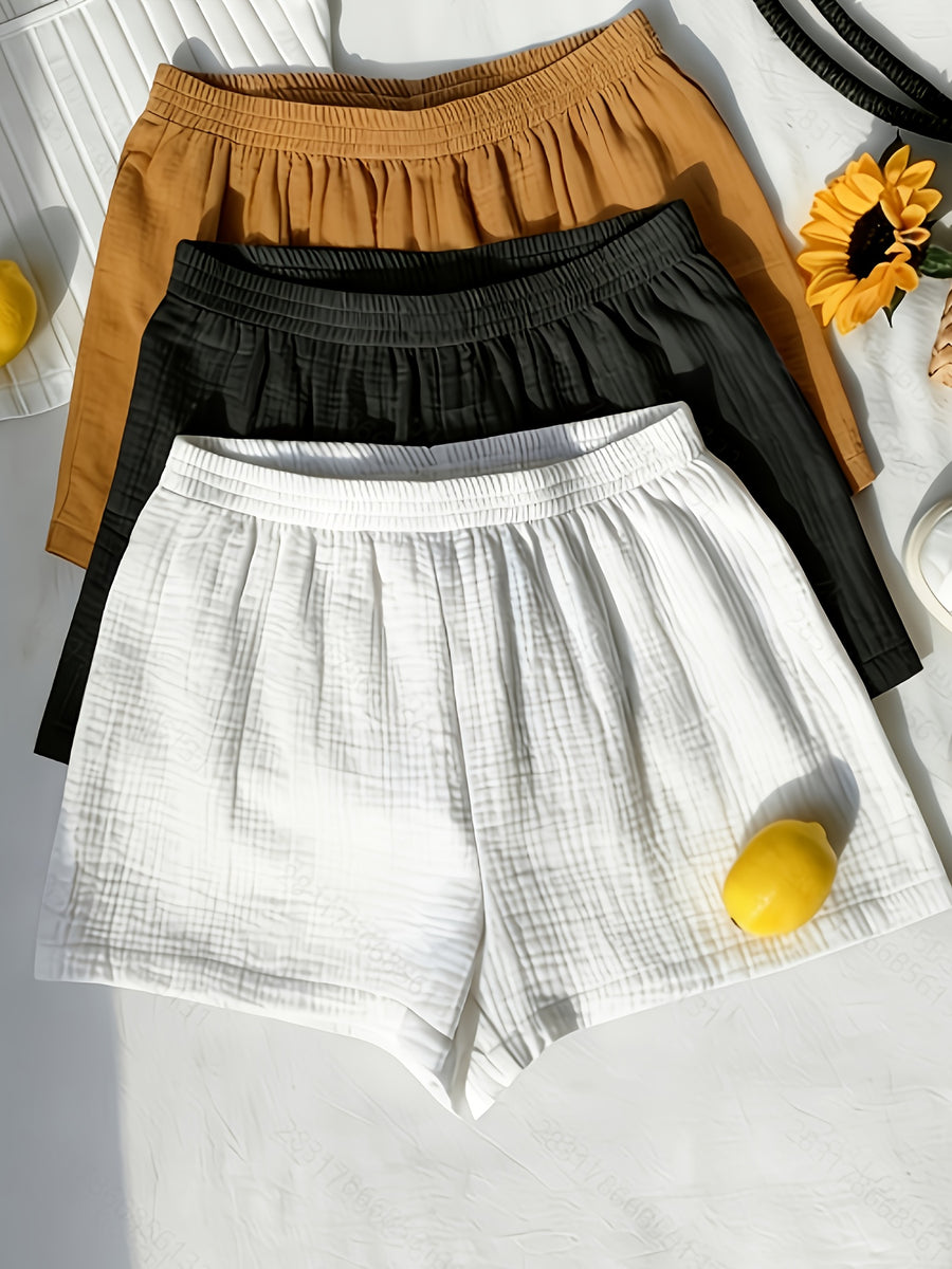 Women's Solid Color Loose-Fit Home Shorts, Lightweight Breathable Fabric, Elastic High-Waist Casual Pants, Versatile for Sleepwear, Loungewear, or Outerwear, Available in Three Colors, Soft and Comfortable for Home Wear, Women's Wide-Leg Shorts 3pcs - Mixed colors