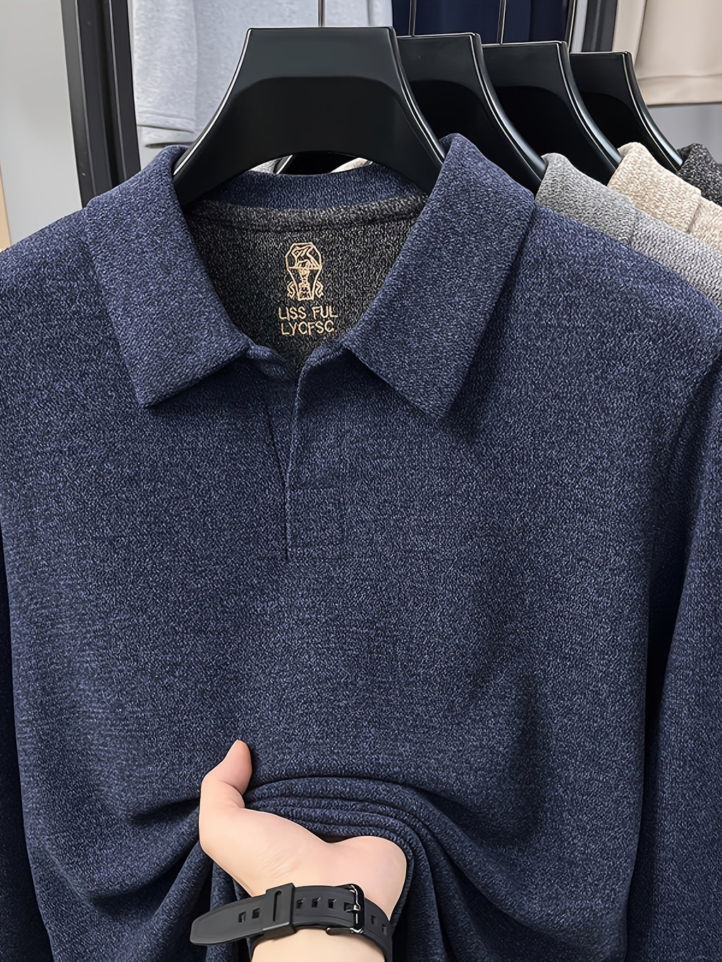 Men's Solid Color Long-Sleeve Polo Knit Shirt, Soft and Skin-Friendly Blended Yarn Polo Shirt, Semi-Open Collar for Easy Wear and Universal Fit, Suitable for Daily Commuting, Visiting Friends and Family, Casual Loose-Fit Long-Sleeve T-Shirt - Blue