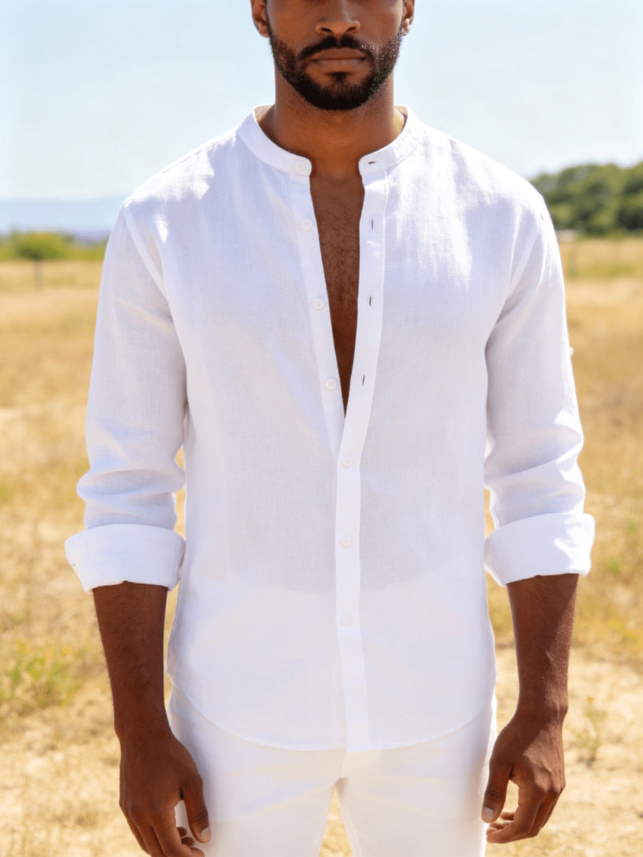 26-Year-Old Men'S New Small Stand-Up Collar Long-Sleeve Shirt, Classic Solid Colors And Multi-Colors Available. Soft, Breathable, Loose Fit for Men, Versatile Shirt for Daily Leisure - White