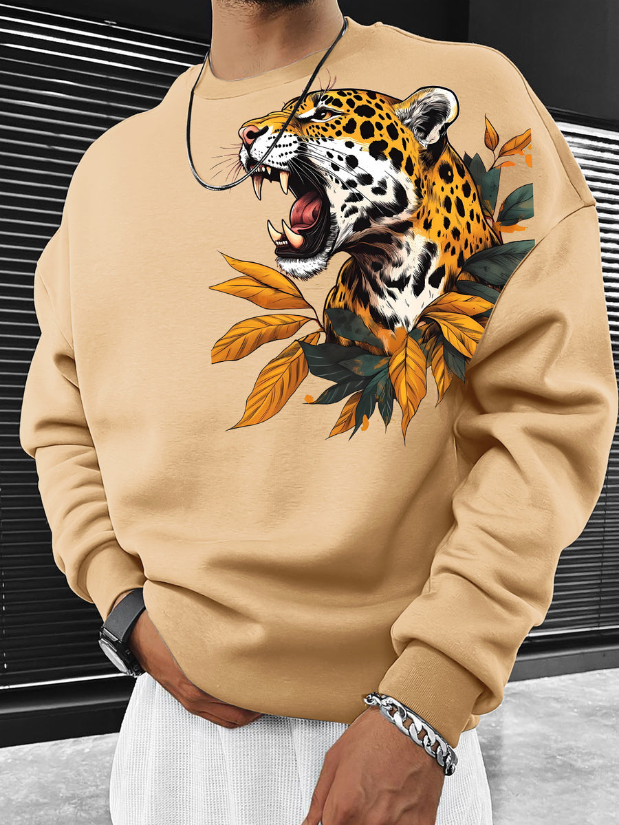 Cheetah Autumn Leaf Themed Men'S Crew Neck Sweatshirt | A Wild Trendy Top! Designed for Animal Lovers, Perfect for Stylish Socializing Or Casual Wear, And Easy to Care for As It Is Machine Washable - Khaki