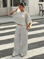 Women'S Striped Short Sleeve Top And Long Pants 2pcs Set, Spring Summer Casual Outfit - White Stripes