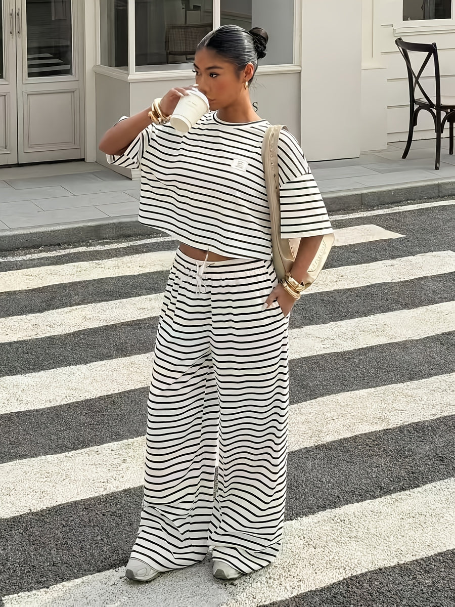 Women'S Striped Short Sleeve Top And Long Pants 2pcs Set, Spring Summer Casual Outfit - White Stripes