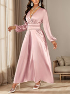 Women's Solid-color Simple Daily and Party Banquet Satin Bridesmaid Dress with Pleated Design - Pink