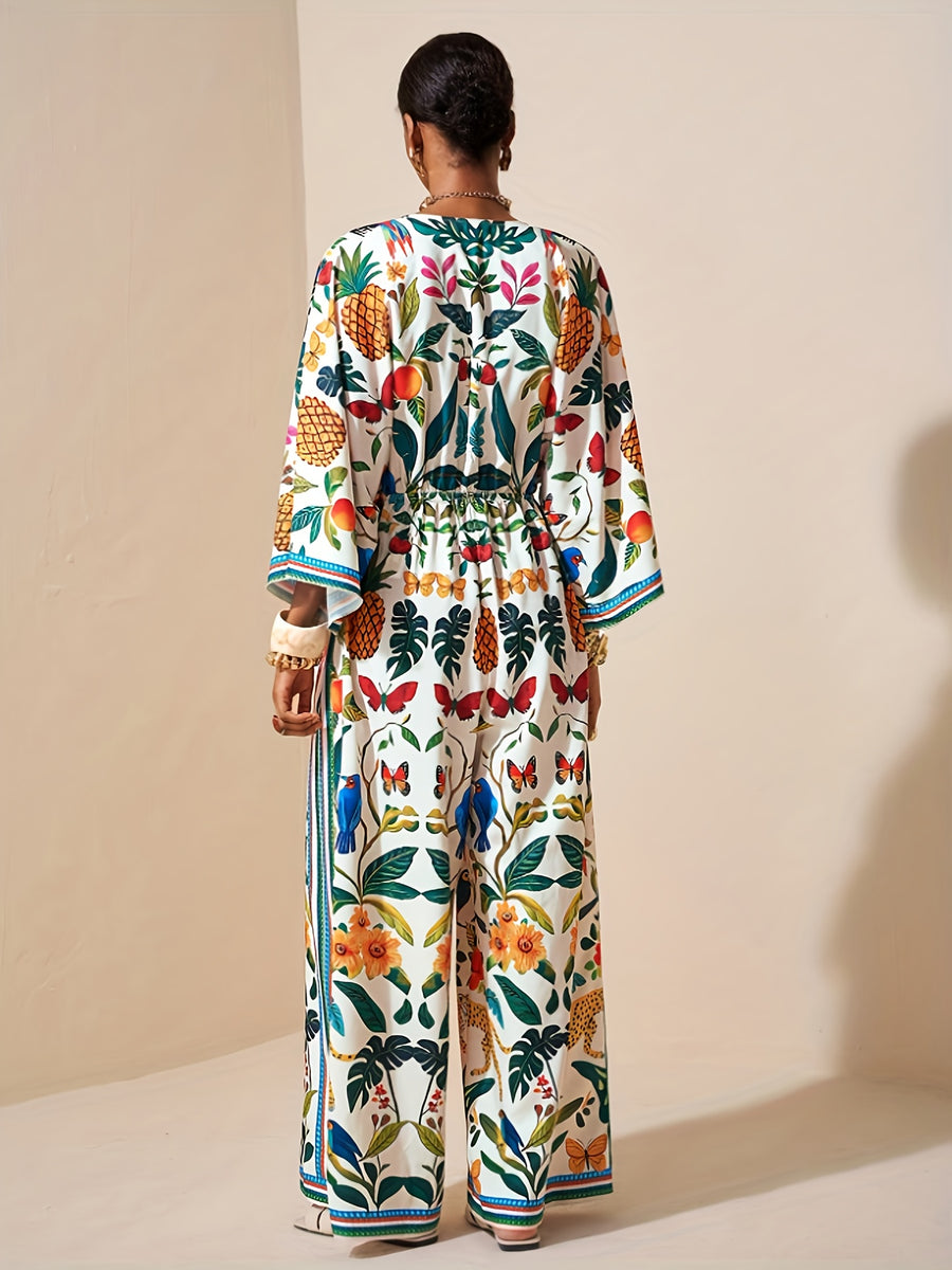 Spring/Summer New Tropical Island Vacation Style Jumpsuit Women'S Deep V Tie Waist Pineapple Flower Bird Leopard Print Loose Wide Leg Casual Wear - Multicolor