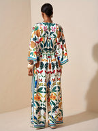 Spring/Summer New Tropical Island Vacation Style Jumpsuit Women'S Deep V Tie Waist Pineapple Flower Bird Leopard Print Loose Wide Leg Casual Wear - Multicolor