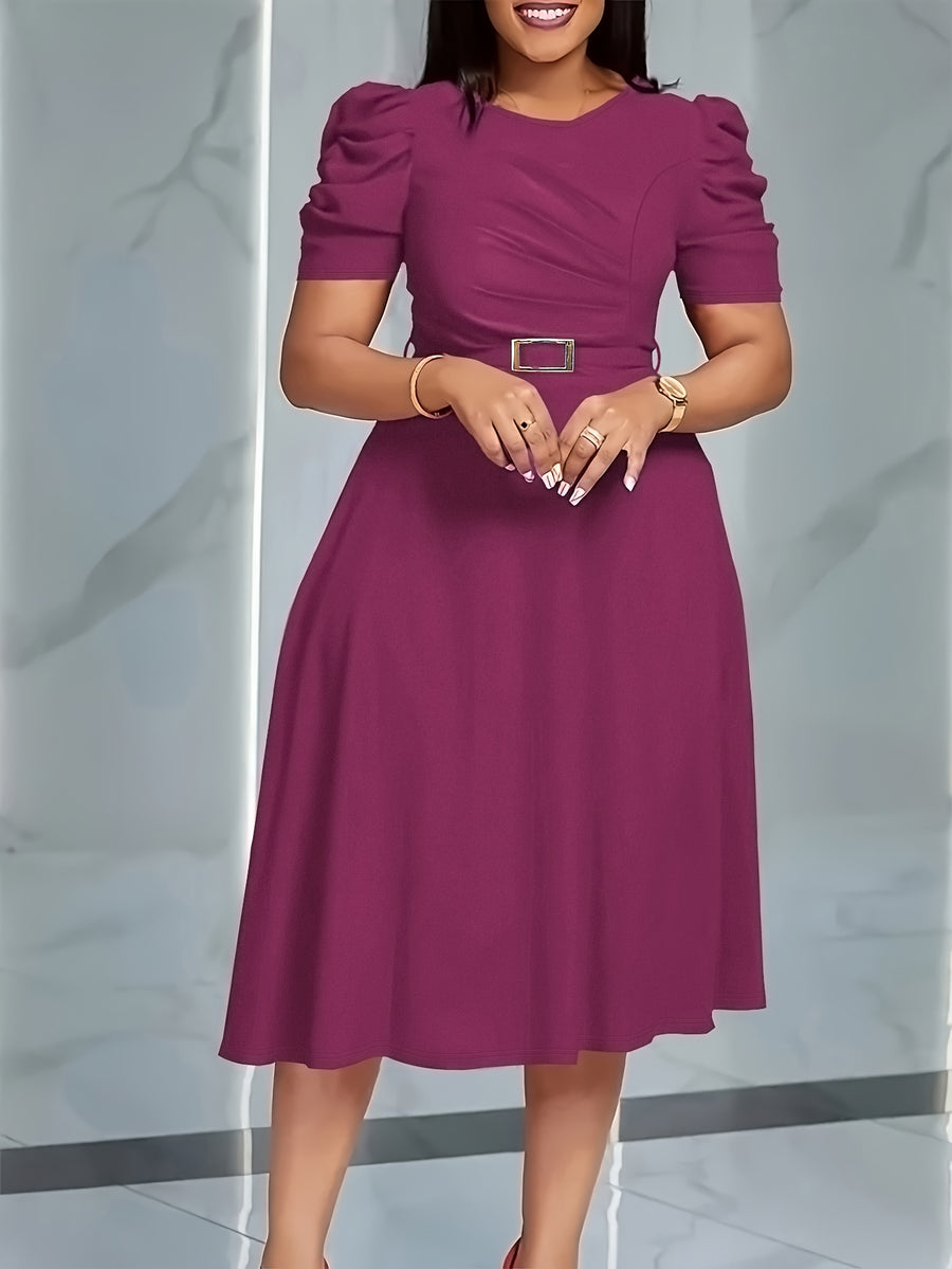 Women'S Elegant V-Neck Ruched Midi Dress, Solid Color Short Sleeve, Waist-Cinching Belt, Flowing Skirt, Perfect Spring Summer Outfit, Adult Fashion, Comfortable Daily Elegant Waist-Cinching Dress, Ruched Detail - Purple
