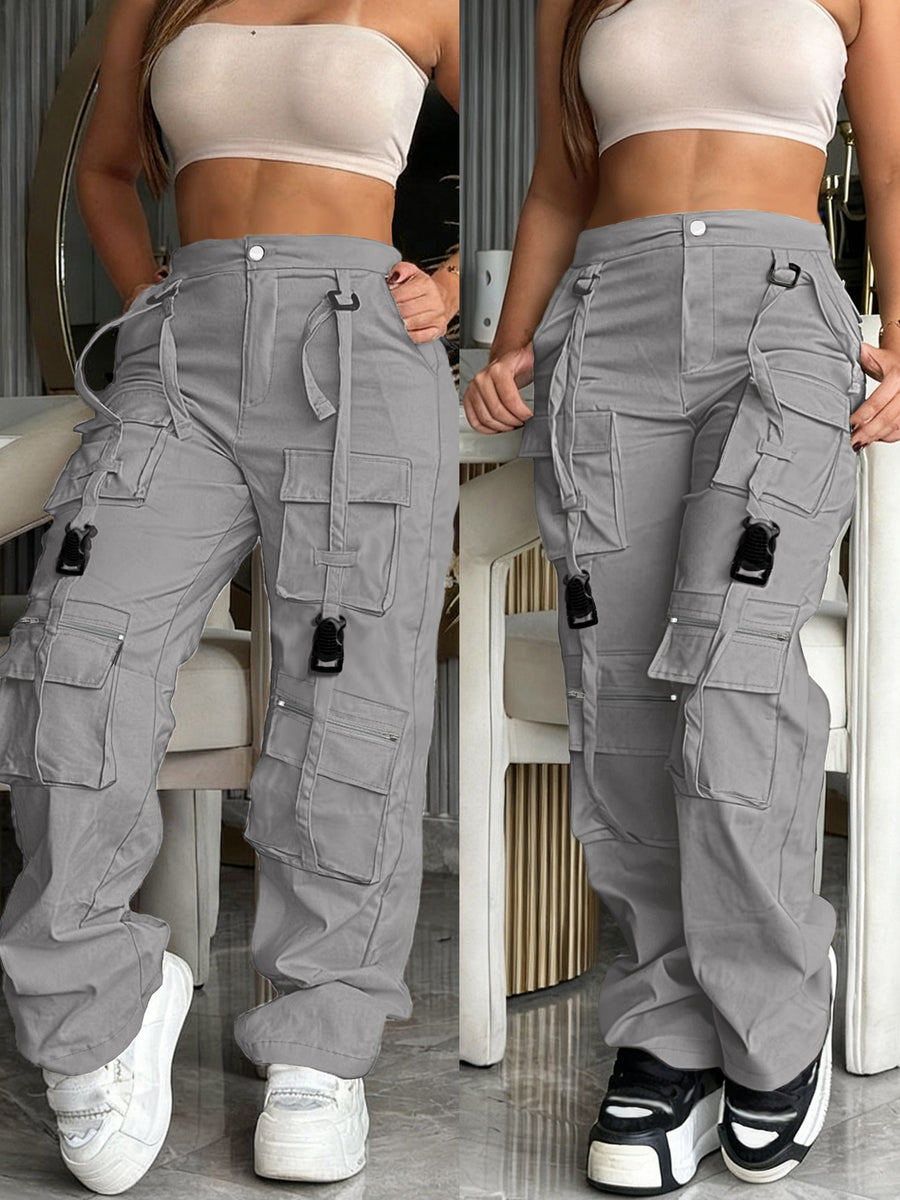 Multi-Pocket Cargo Pants, Retro Straight Wide-Leg Casual Trousers, Fashionable Trendy for Outings And Home - Light Grey