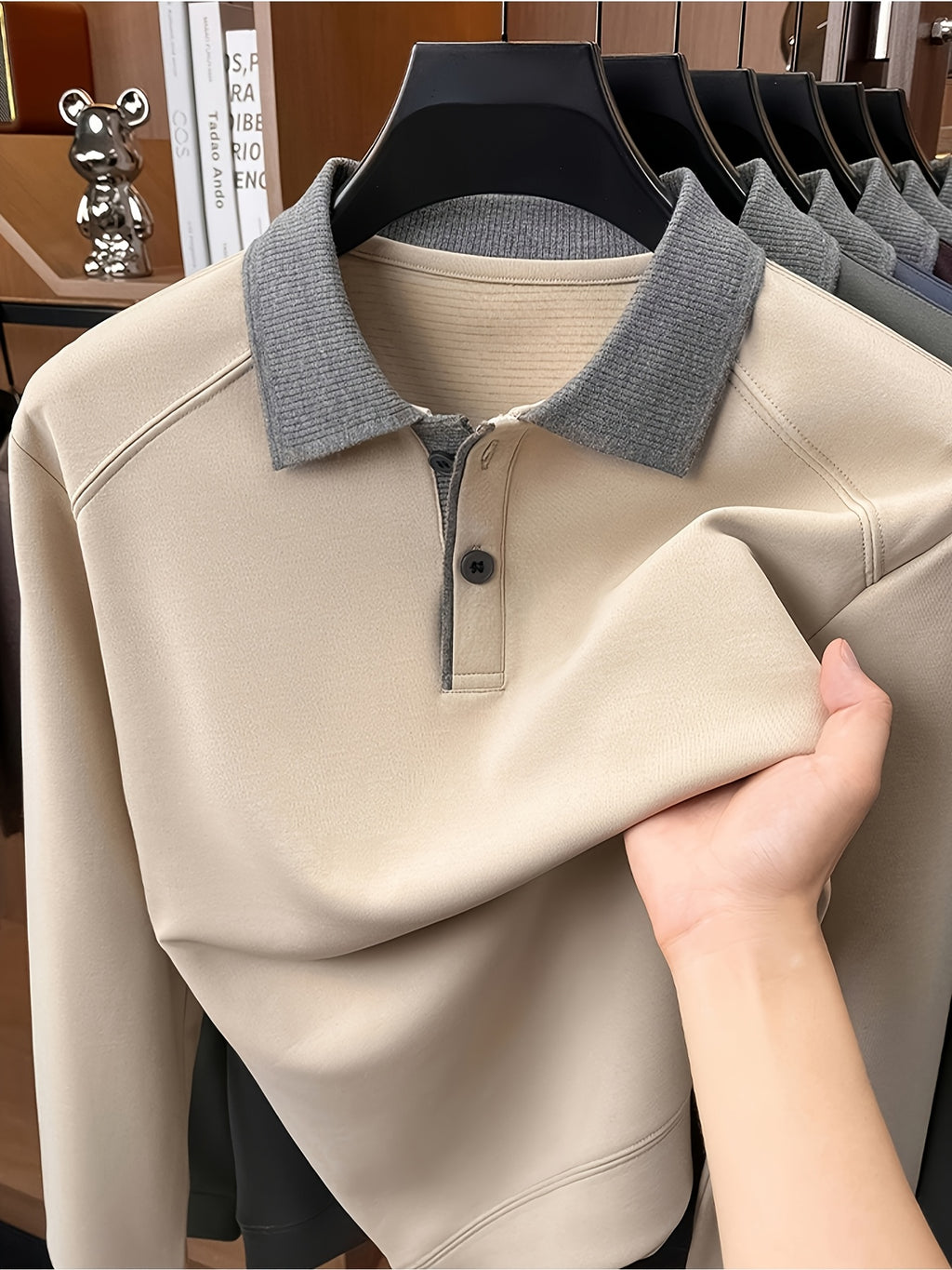 Autumn Contrast Collar Long Sleeve Polo Shirt, Men'S Drop Shoulder Knit Pullover, Spring Autumn Business Casual Base Layer Top, Loose Patchwork Collar T-Shirt, Casual Fishing Top - Beige Camel