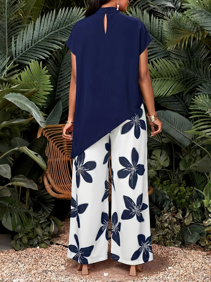 Women'S Elegant Solid Asymmetrical Hem Top And Floral Print Pants Set 2pcs Outfit - Polychrome