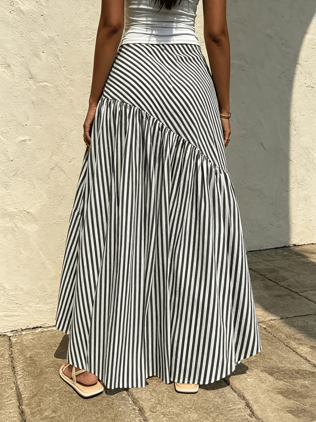 Elegant Women'S Spring Summer Autumn Winter All-Season Western Casual Bohemian Striped Flared A-Line Maxi Dress - Black And White Stripes