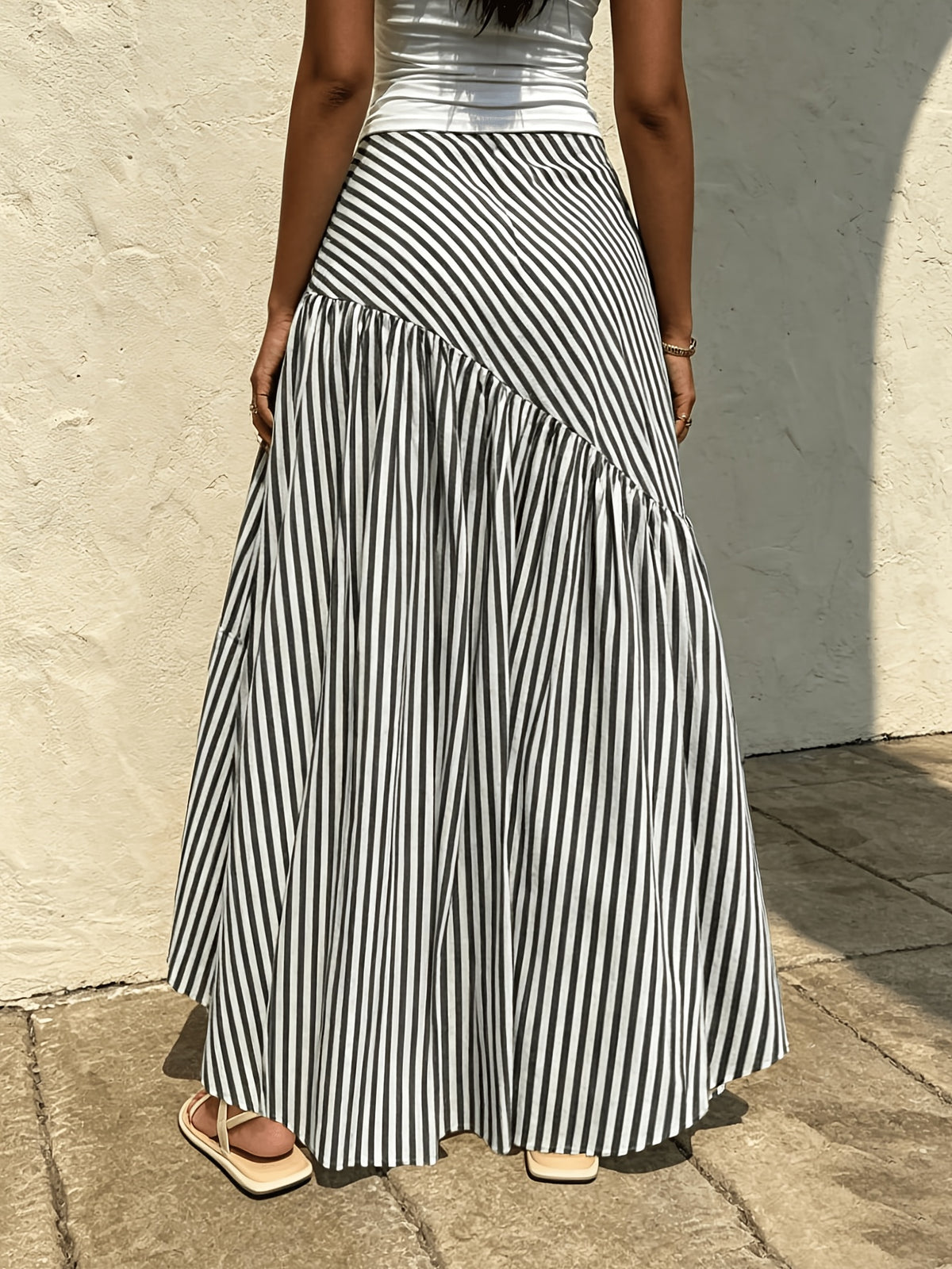 Elegant Women'S Spring Summer Autumn Winter All-Season Western Casual Bohemian Striped Flared A-Line Maxi Dress - Black And White Stripes