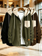 Men'S Fashion Corduroy Hooded Long Sleeve Shirt, Men'S Casual 3pcs Set Hooded Top Shirt - Black Plus Green Plus Brown