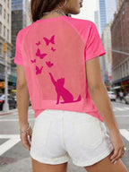 Women's Sexy Backless Careful Machine, Printed with Cat Butterfly Plush Print Pattern, Semi Transparent Round Neck T-shirt, Breathable Mesh Fabric, Suitable for All Seasons, Suitable for Casual and Formal Wear - Rose Red