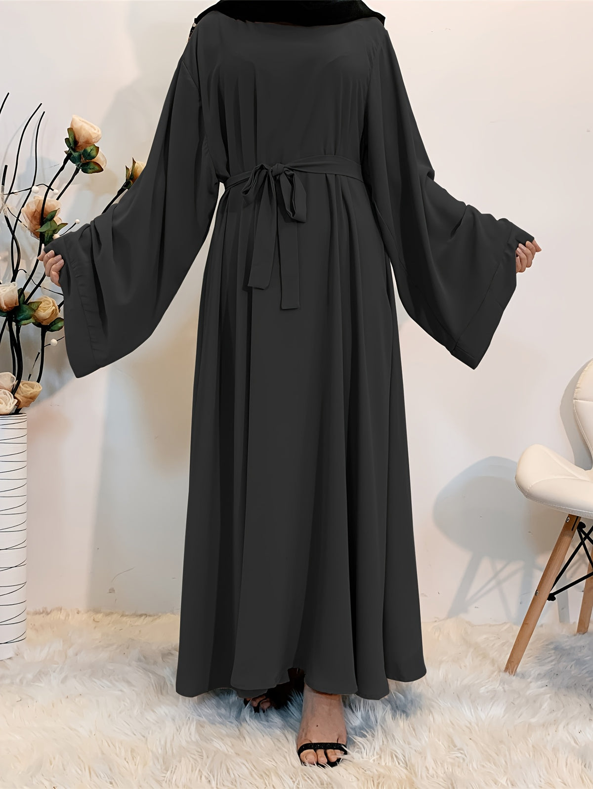 1pc Fashionable, Elegant, Comfortable, and Casual Wide-sleeved Abaya with Belt. Solid Color Suitable for Daily Wear. Loose and Comfortable Women's Abaya Dress. Ferace Tesettür Clothing, Women's Abayas for Muslim Women, Islamic Wear for Women - Black