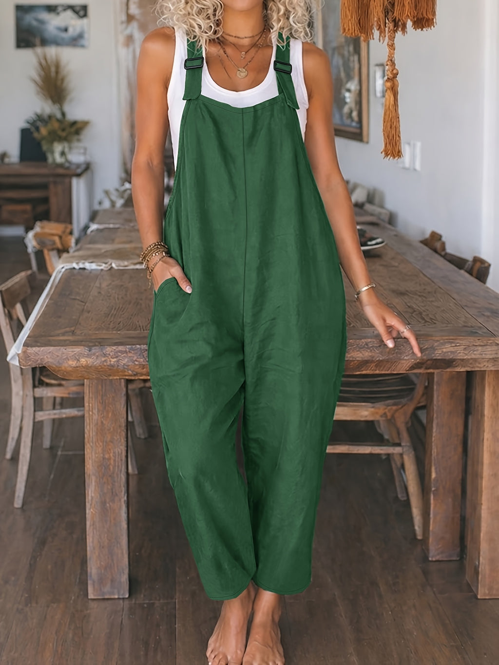 Women's Casual Vacation Loose Solid Color Overalls Jumpsuit - Green