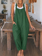 Women's Casual Vacation Loose Solid Color Overalls Jumpsuit - Green