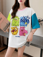 Summer New Large Size Loose Fashion Trend Slim Cartoon Round Neck Print Ladies Women's Medium and Long Short-sleeved T-shirt Clothes - K149-W