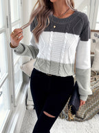 Women's Elegant Color-Block Striped Sweater - Round Neck Non-Stretch Fall Winter Pullover, Versatile Casual & Formal Tops with Grey & White Stripes, Formal Wear Women, Elegant Texture, Comfortable Wear - Mixed Color