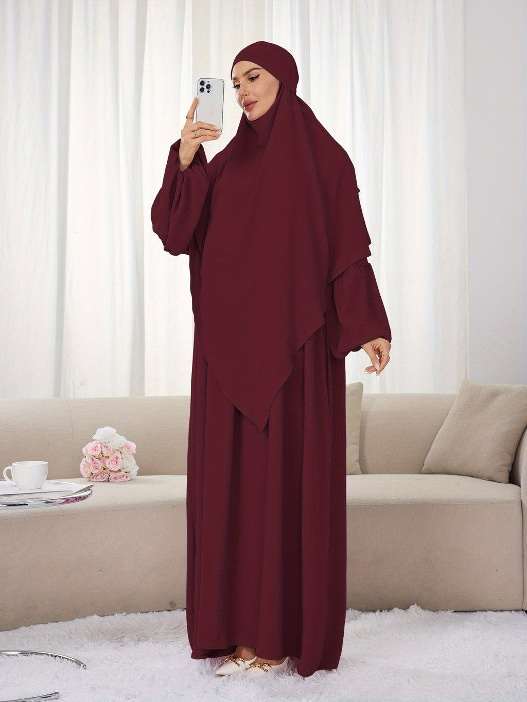 A Set (+Abaya) Fashionable And Elegant Muslim Dress, Elegant Cuff Drawstring, Comfortable And Casual Solid Color, Suitable for Outdoor Travel And Daily Wear. Loose Women'S Abaya Dress - Burgundy