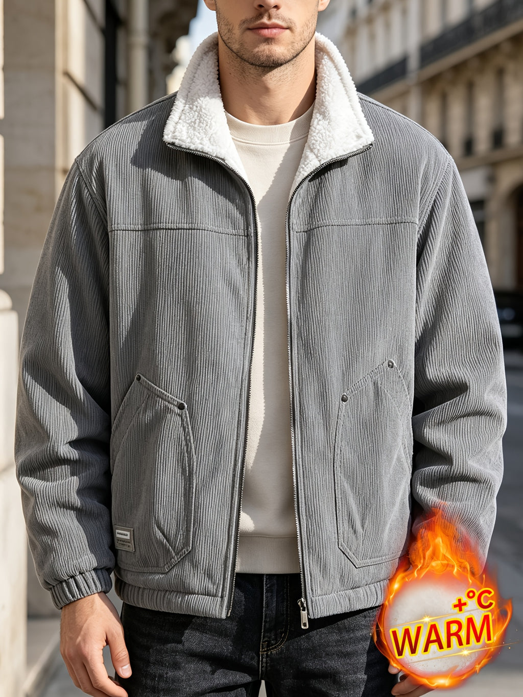 2026 New Men's Corduroy -Lined Warm Jacket, Faux Fur Design, Zipper Front, Decorative Pockets, Casual Vintage Style, Loose Autumn/Winter Outerwear, Daily Street Commuter Wear - Grey